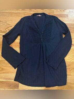 Lilly Pulitzer Navy Blue Lace Trim Blouse Women’s Size Small Long Sleeve Top